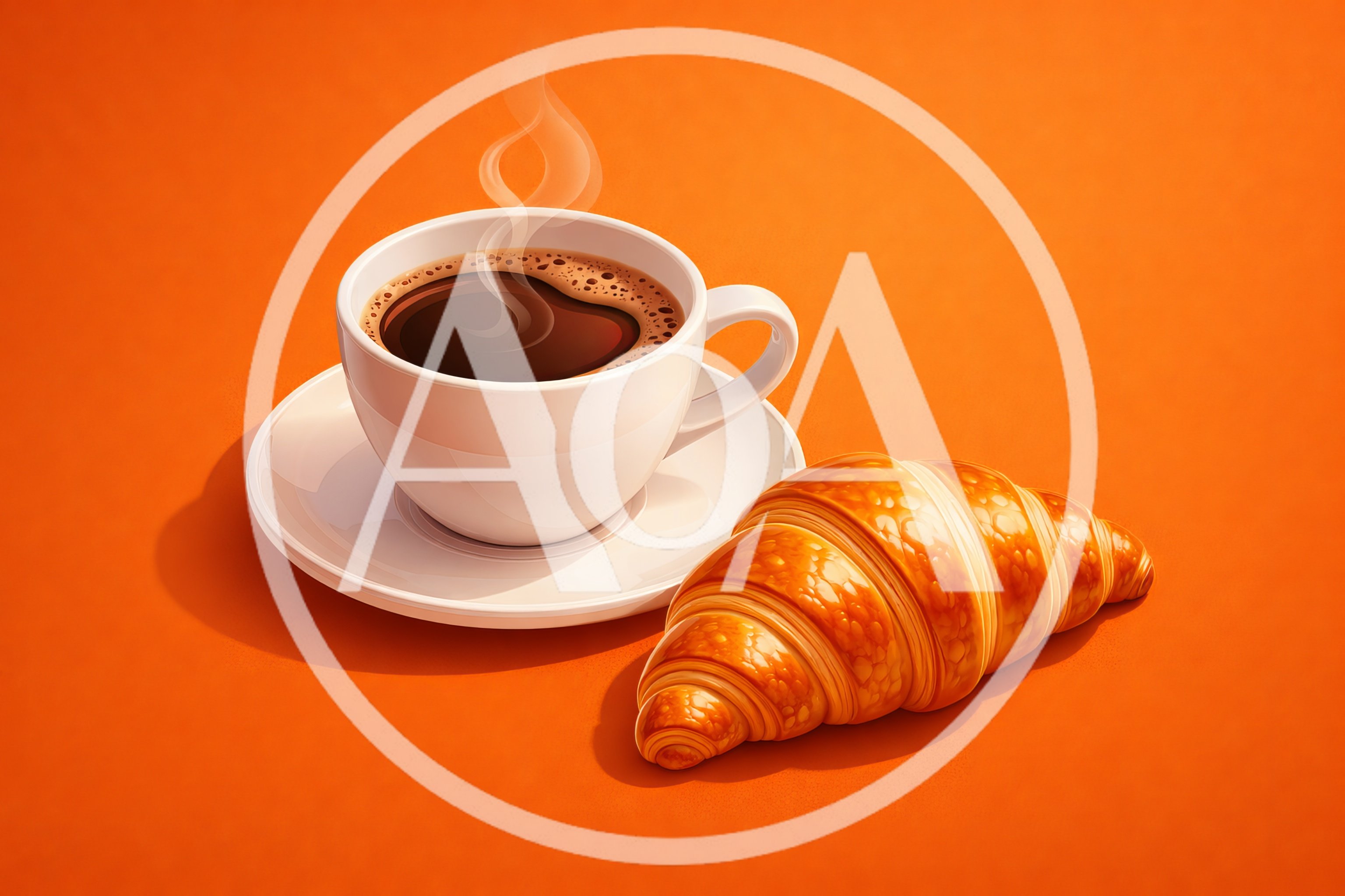 Steaming Cup Of Coffee And A Fresh Croissant