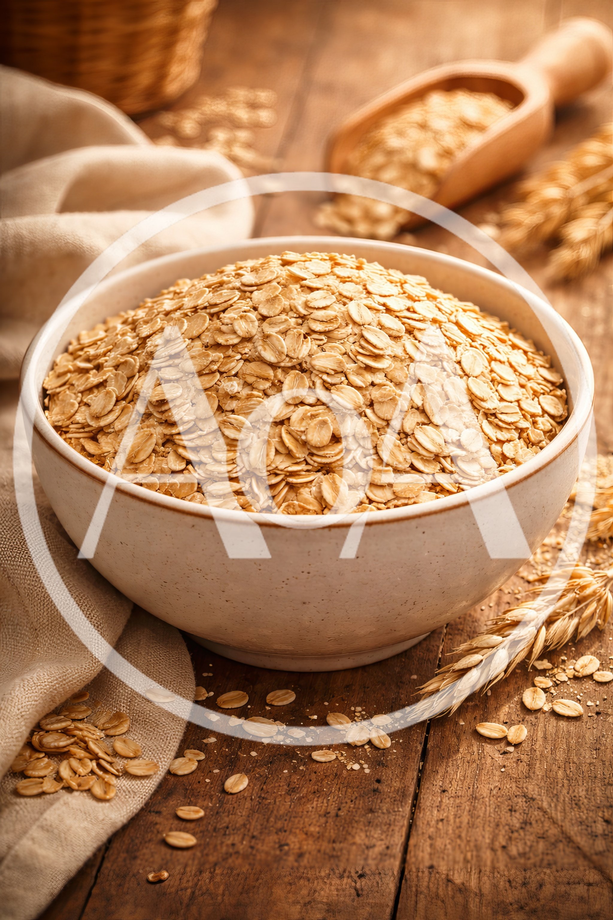 Bowl of Raw Rolled Oats on Rustic Wooden Table