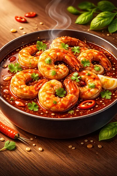 Spicy Shrimp Dish In A Dark Ceramic Bowl