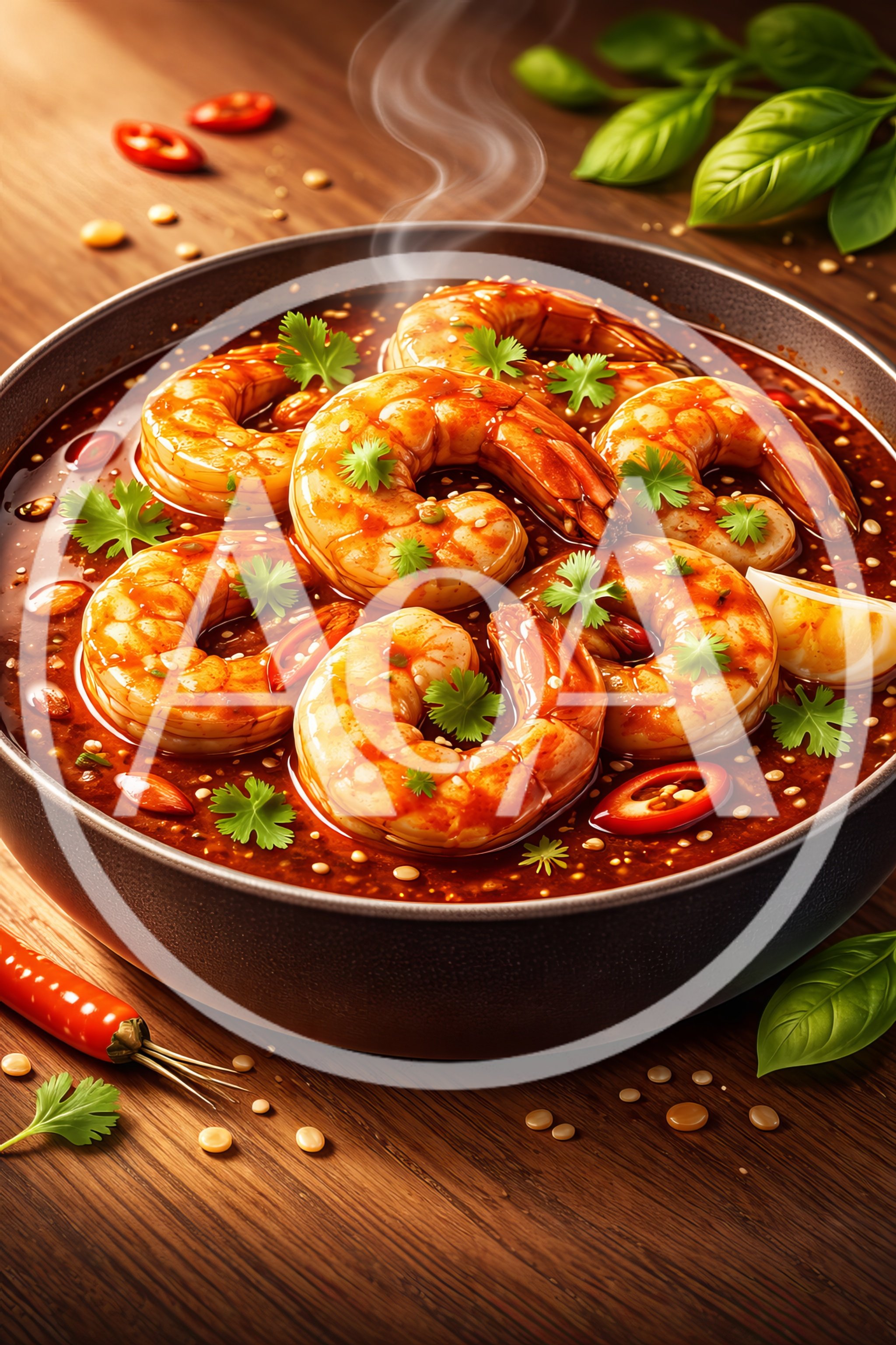 Spicy Shrimp Dish In A Dark Ceramic Bowl