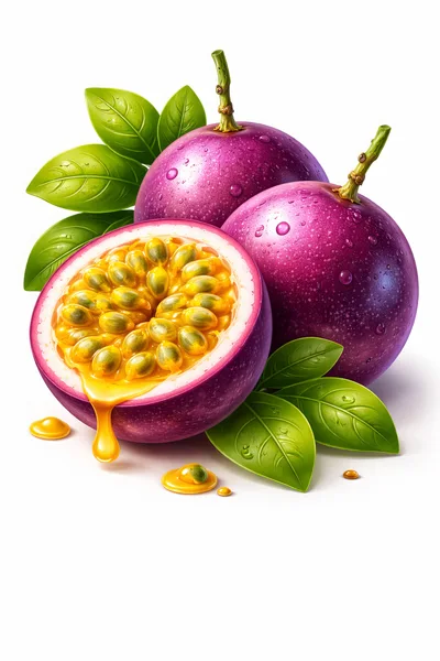 Fresh Passion Fruit With Leaves And Dripping Juice
