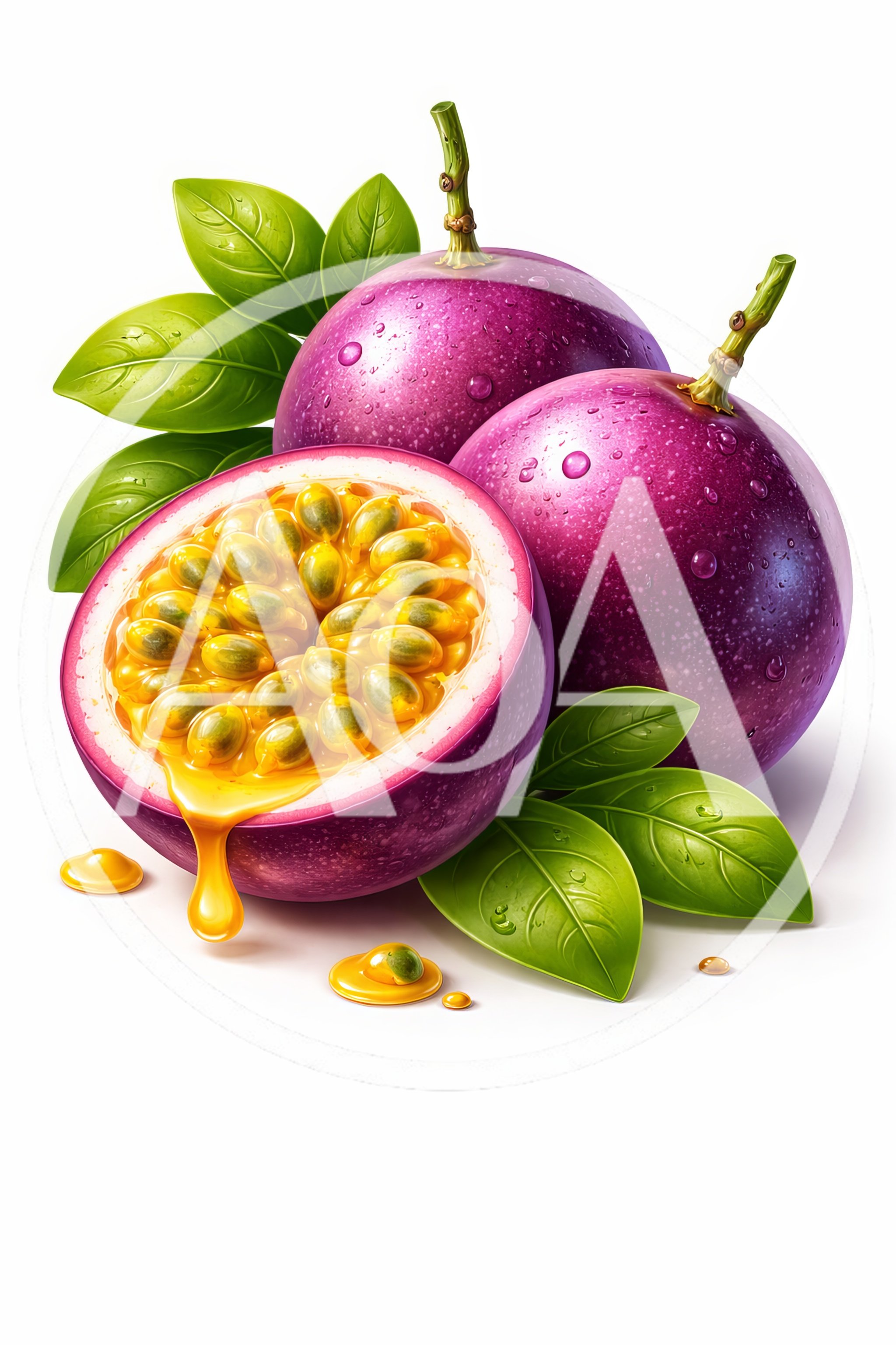 Fresh Passion Fruit With Leaves And Dripping Juice