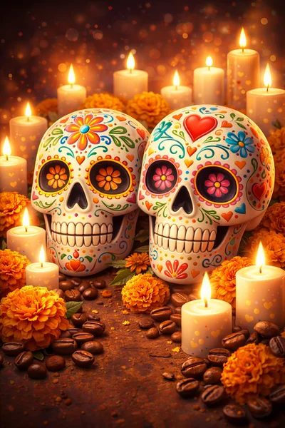 Day of the Dead Sugar Skulls with Marigolds and Candles