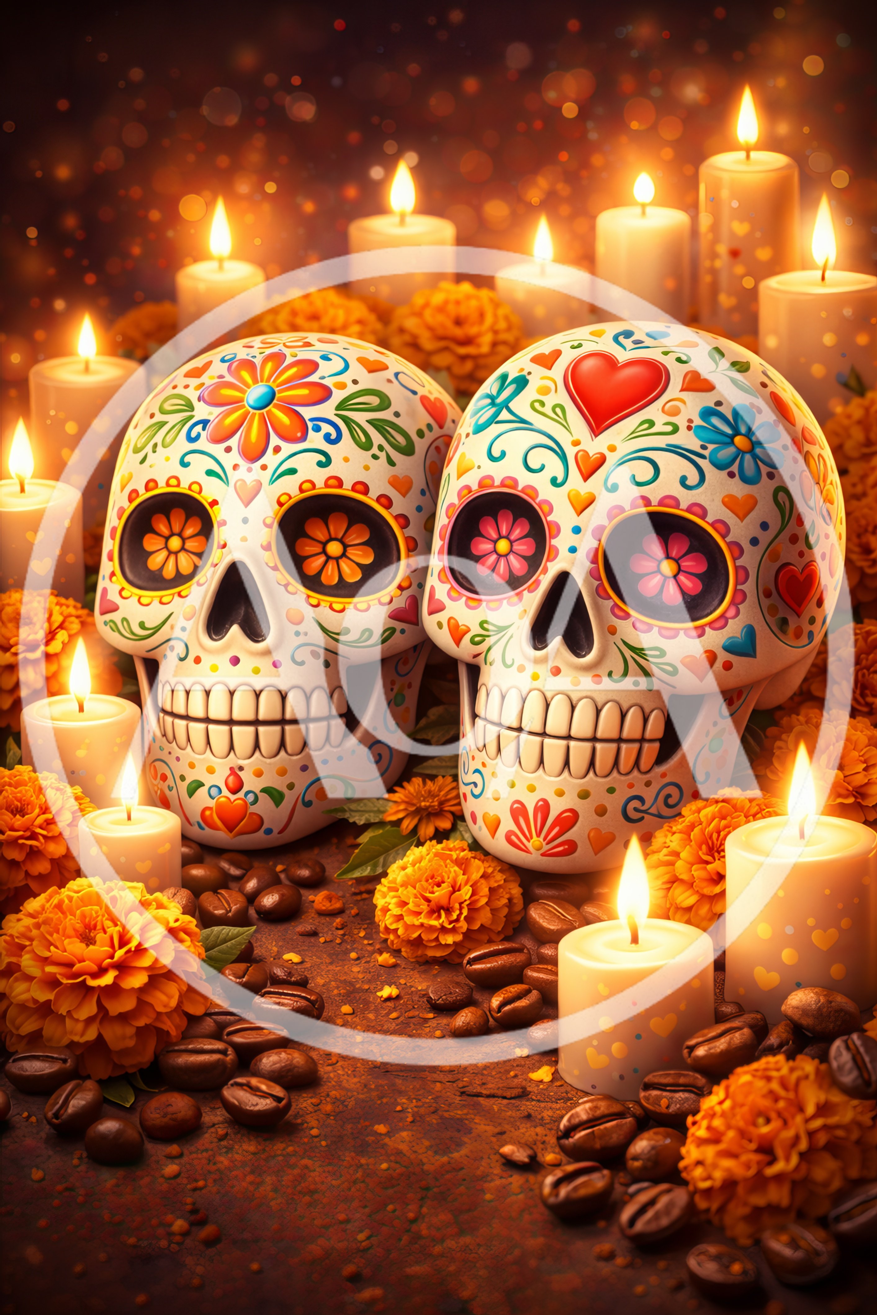 Day of the Dead Sugar Skulls with Marigolds and Candles
