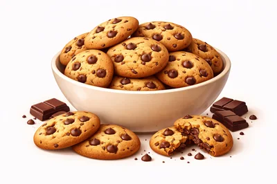 Bowl Of Chocolate Chip Cookies With Chocolate Bars