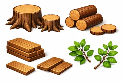 Collection of Wooden Logs Stumps Planks and Green Leaves