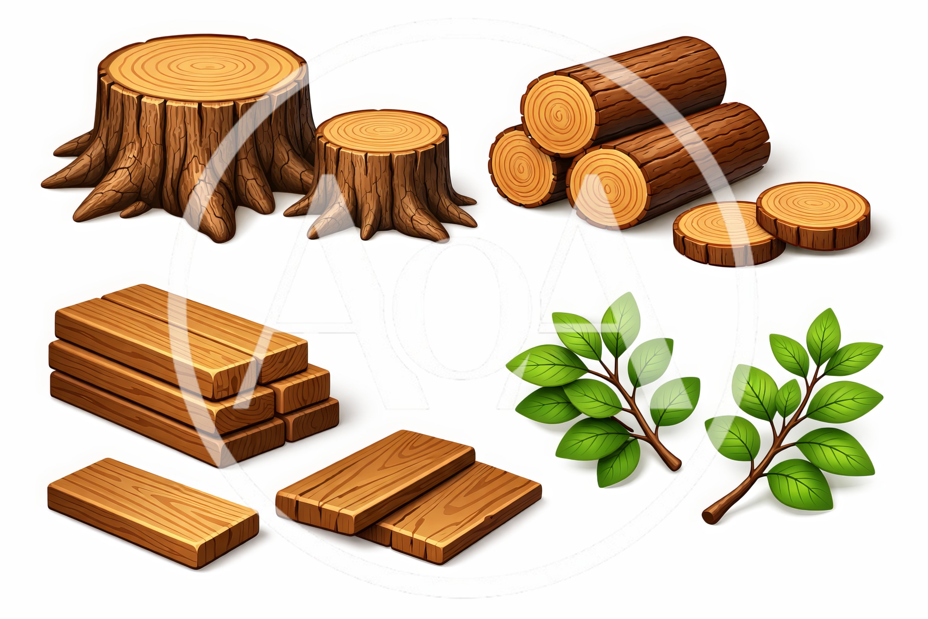 Collection of Wooden Logs Stumps Planks and Green Leaves