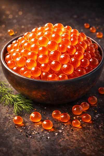 Bowl Of Fresh Red Salmon Caviar With Dill