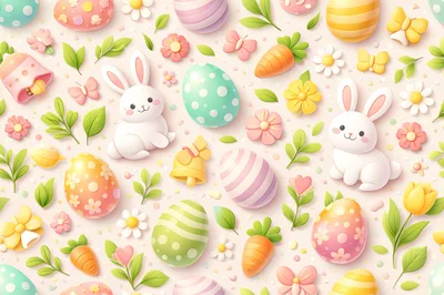 Easter Pattern With Cute Bunnies And Decorated Eggs
