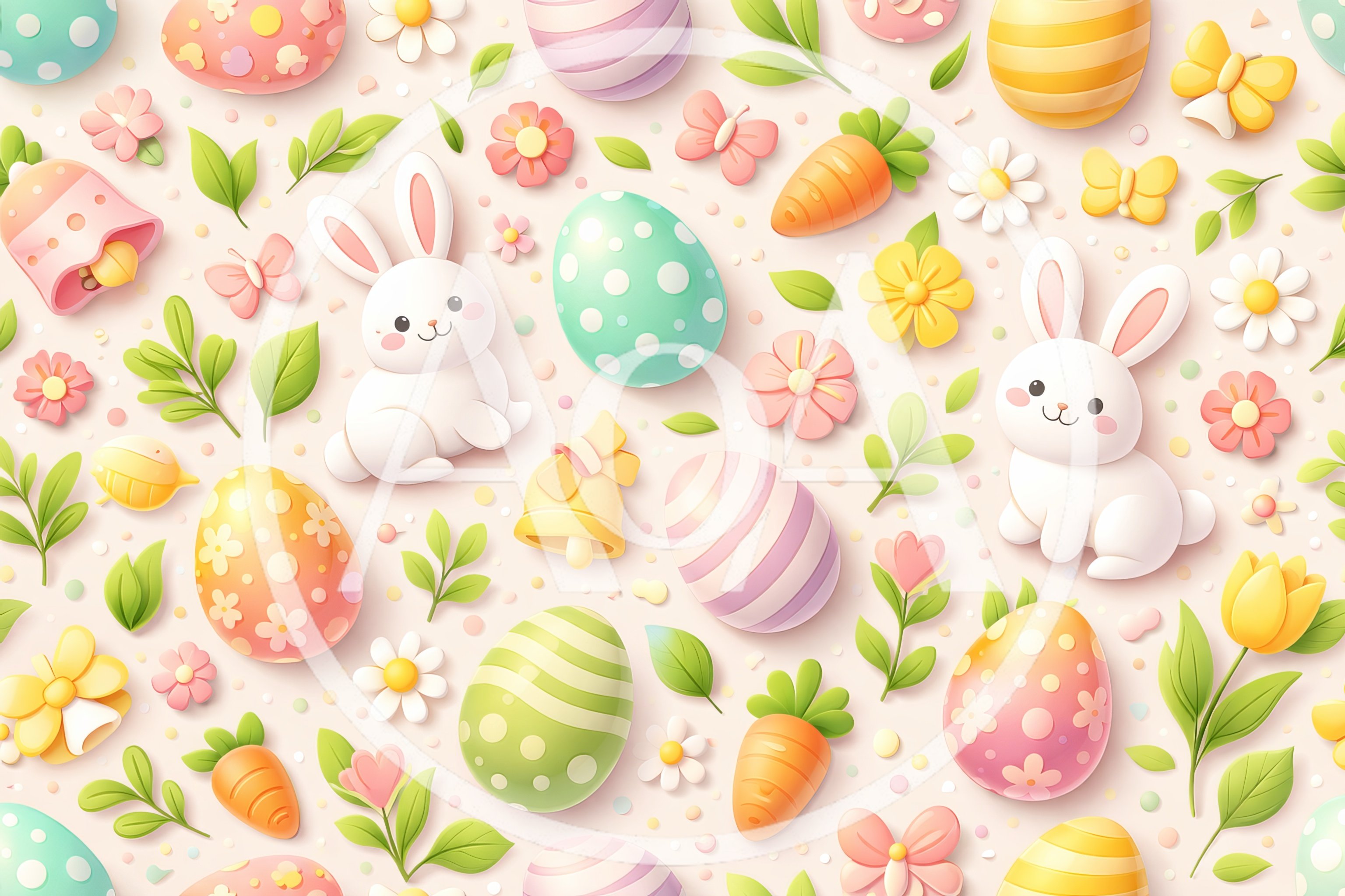 Easter Pattern With Cute Bunnies And Decorated Eggs
