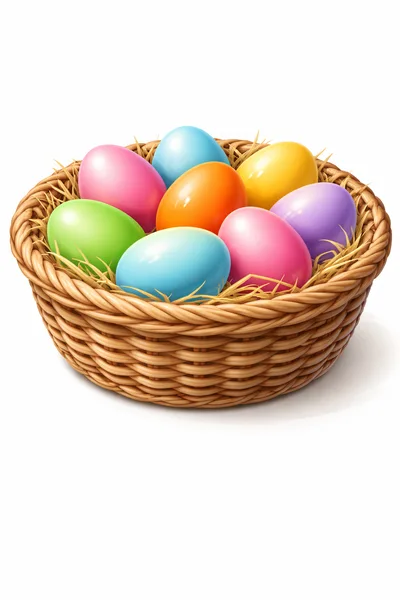 Colorful Easter Eggs In A Woven Wicker Basket