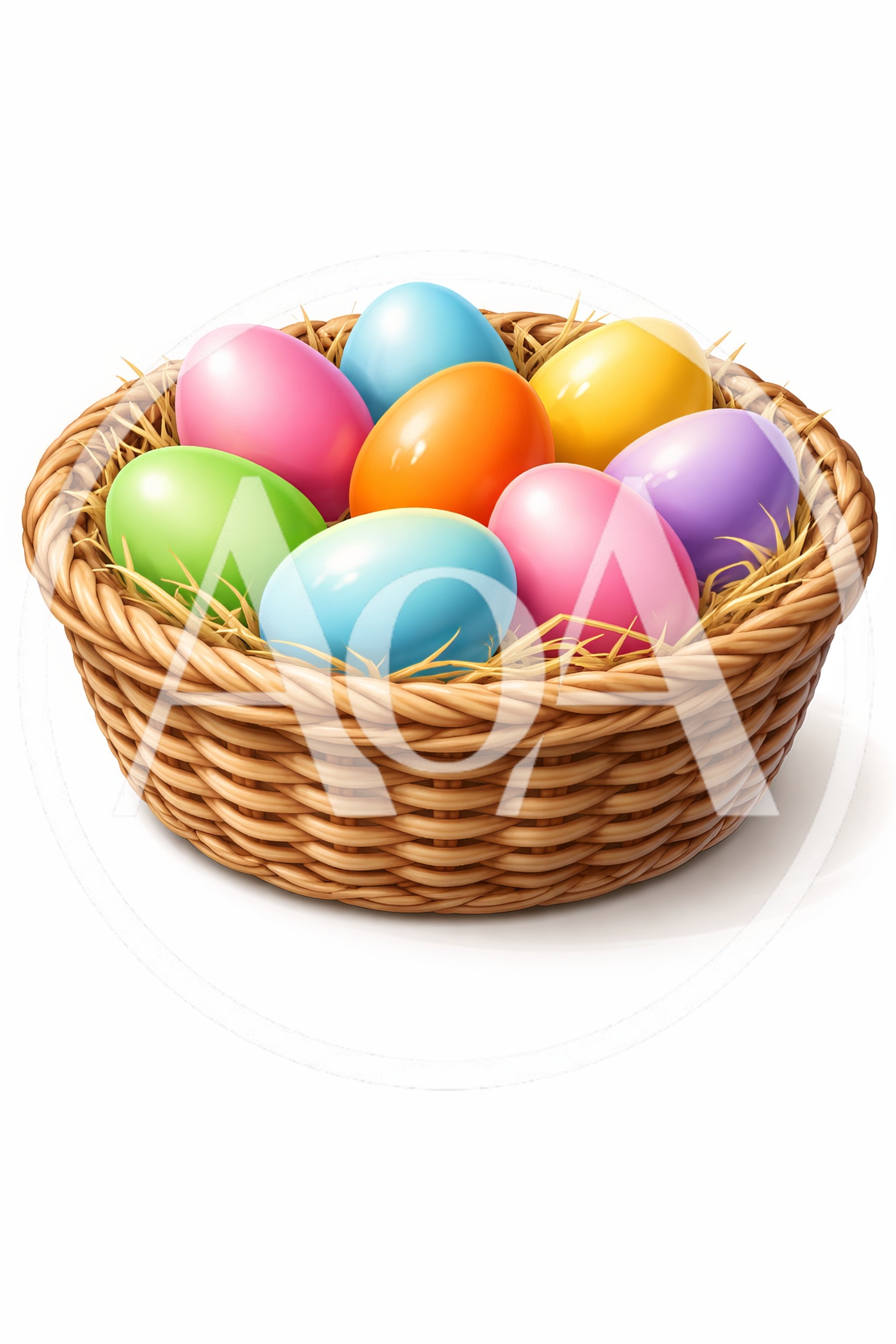 Colorful Easter Eggs In A Woven Wicker Basket