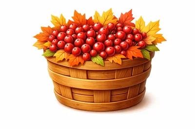 Wooden Basket Filled With Red Berries And Autumn Leaves