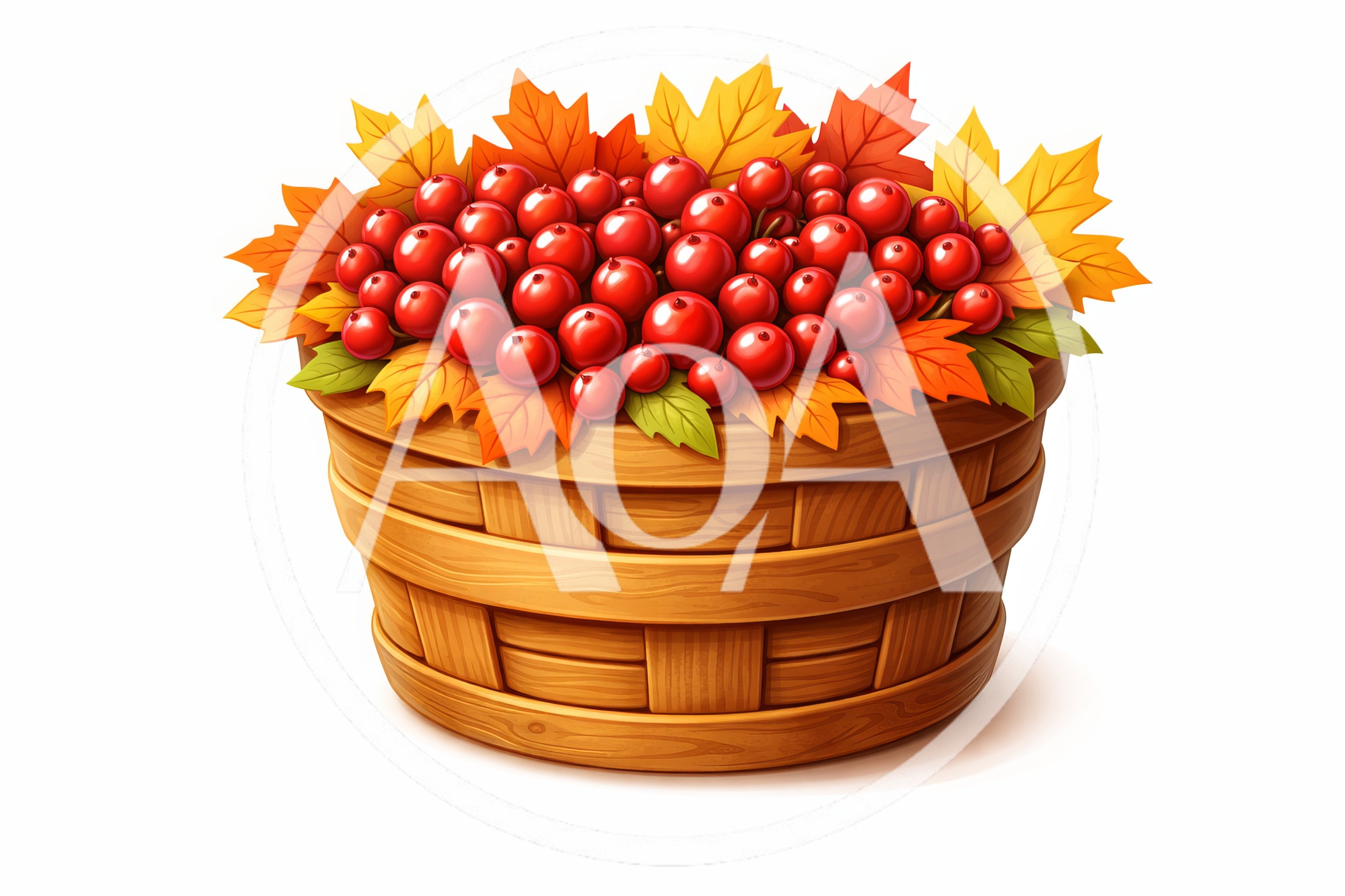 Wooden Basket Filled With Red Berries And Autumn Leaves