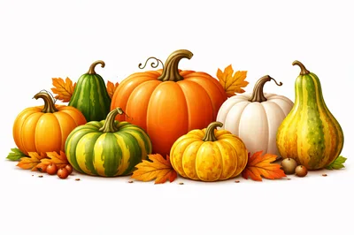 Assorted Autumn Pumpkins and Gourds on White Background