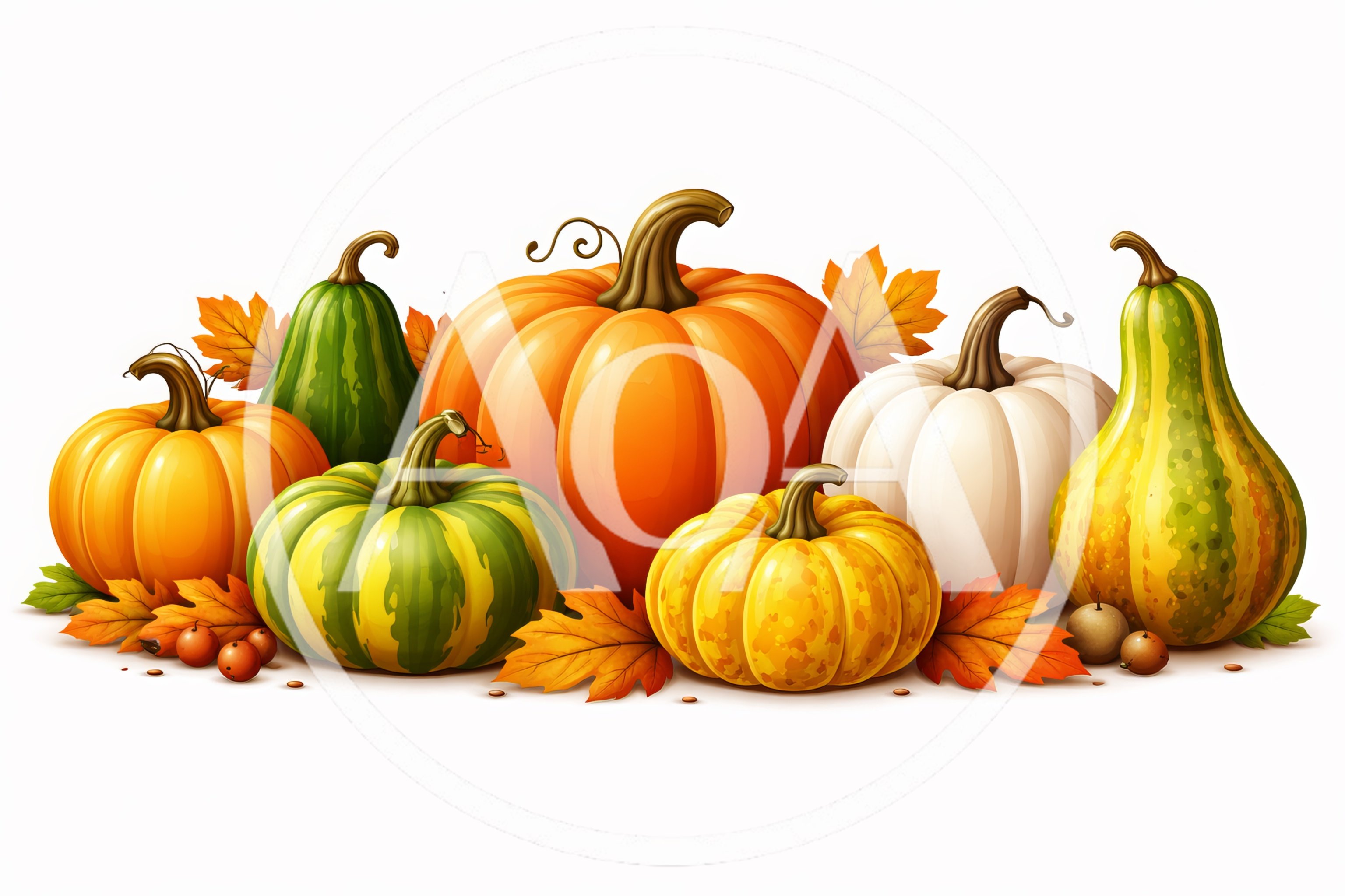 Assorted Autumn Pumpkins and Gourds on White Background