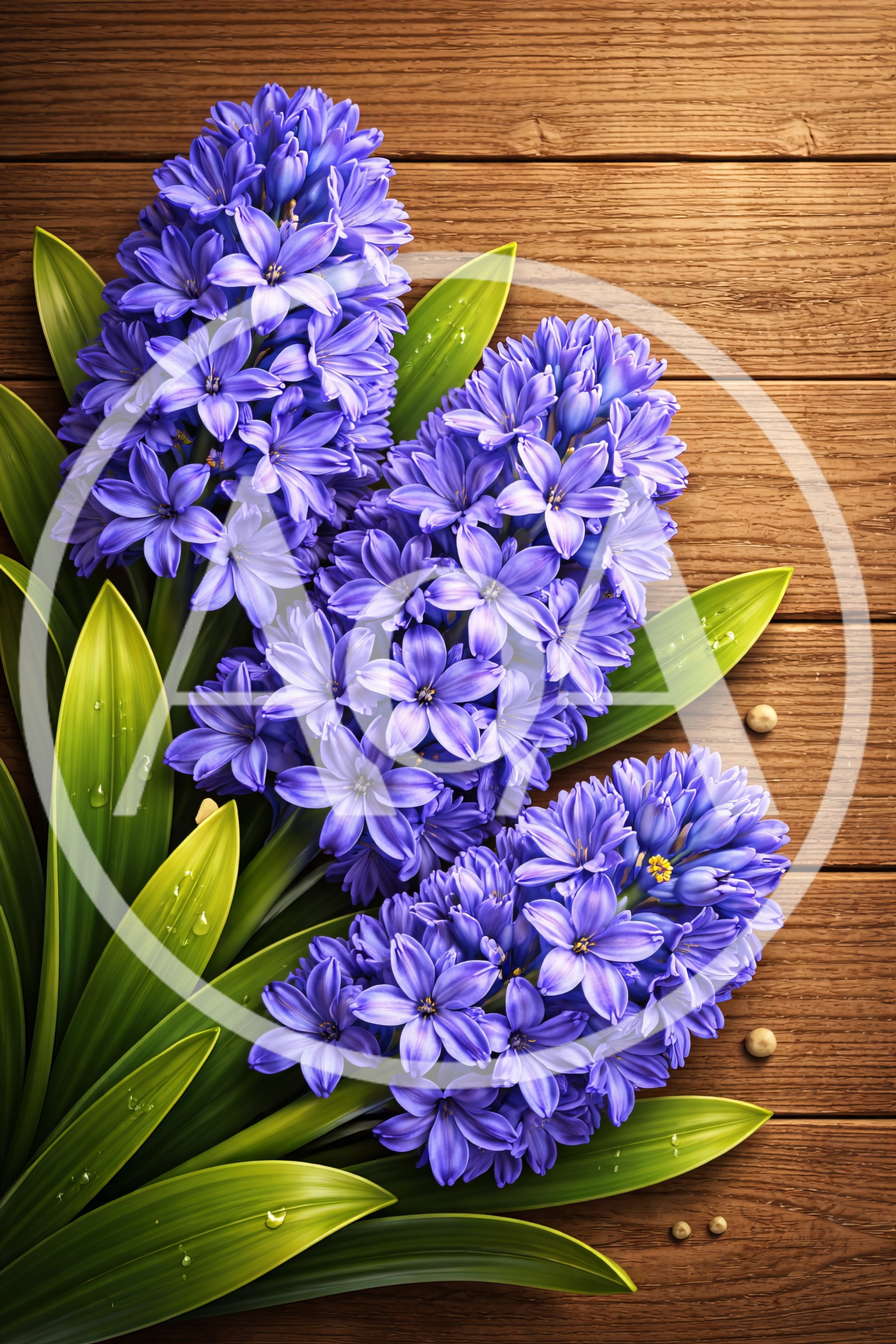 Three Vibrant Purple Hyacinth Flowers On Wooden Background