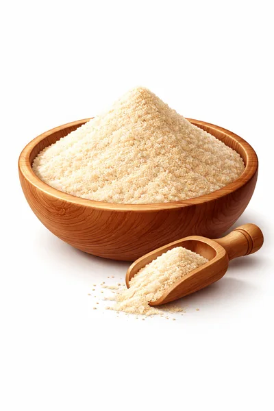 Wooden Bowl And Scoop Filled With Almond Flour
