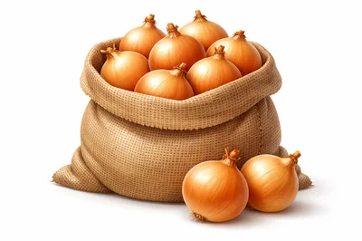 Burlap Sack Filled With Fresh Golden Onions