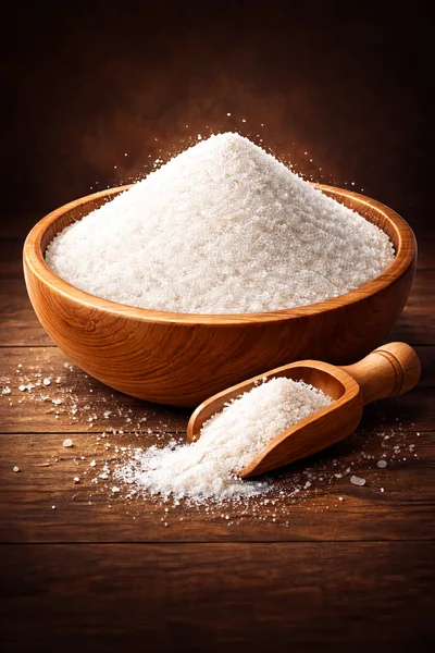Wooden Bowl And Scoop Filled With Coarse Sea Salt