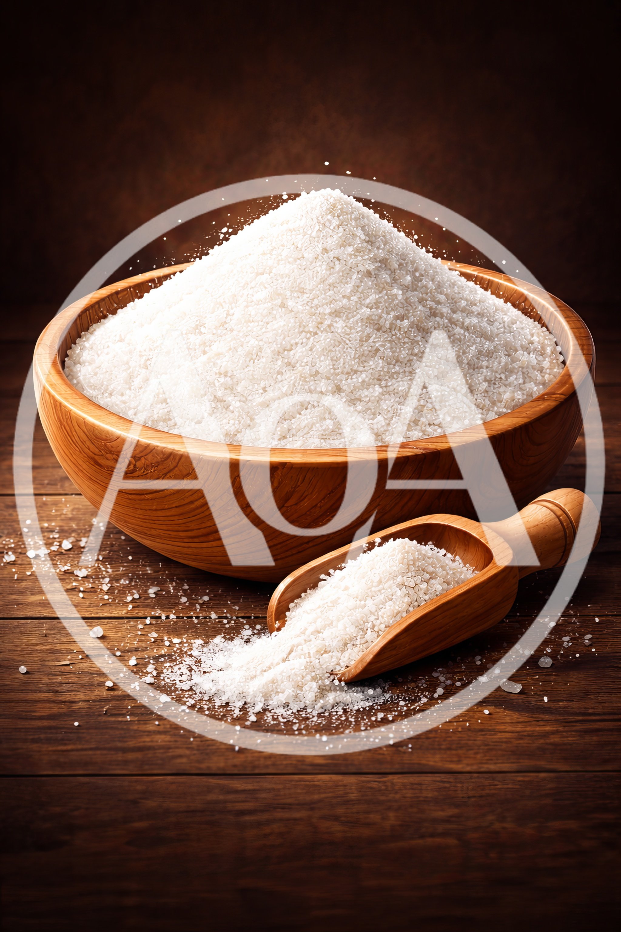 Wooden Bowl And Scoop Filled With Coarse Sea Salt