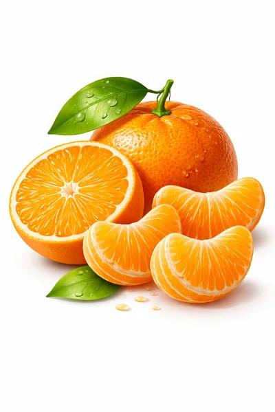 Fresh Mandarin Orange Fruit With Slices And Leaves
