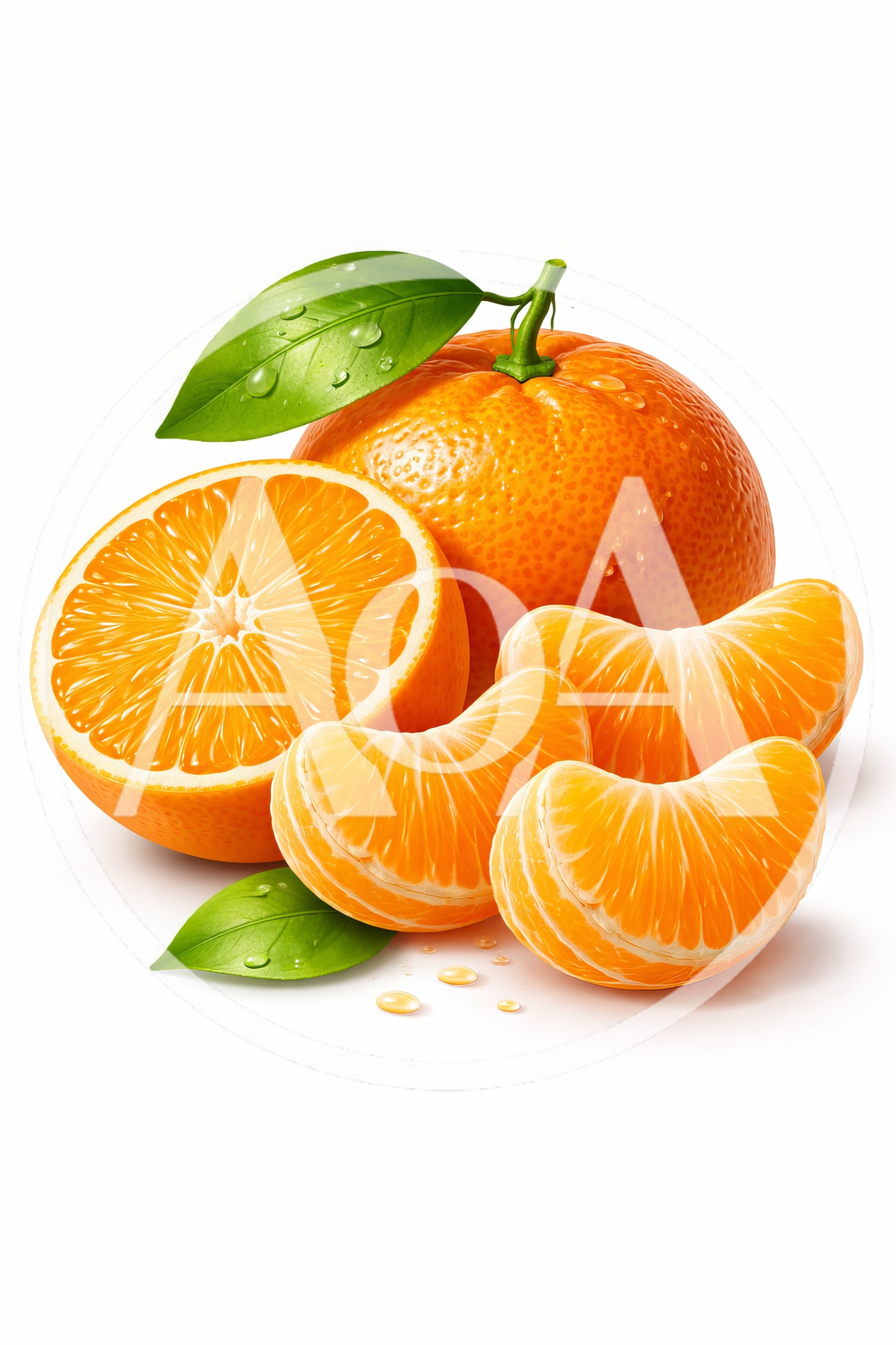Fresh Mandarin Orange Fruit With Slices And Leaves