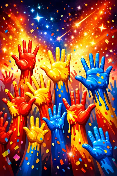 Colorful Painted Hands Reaching Upward In Celebration