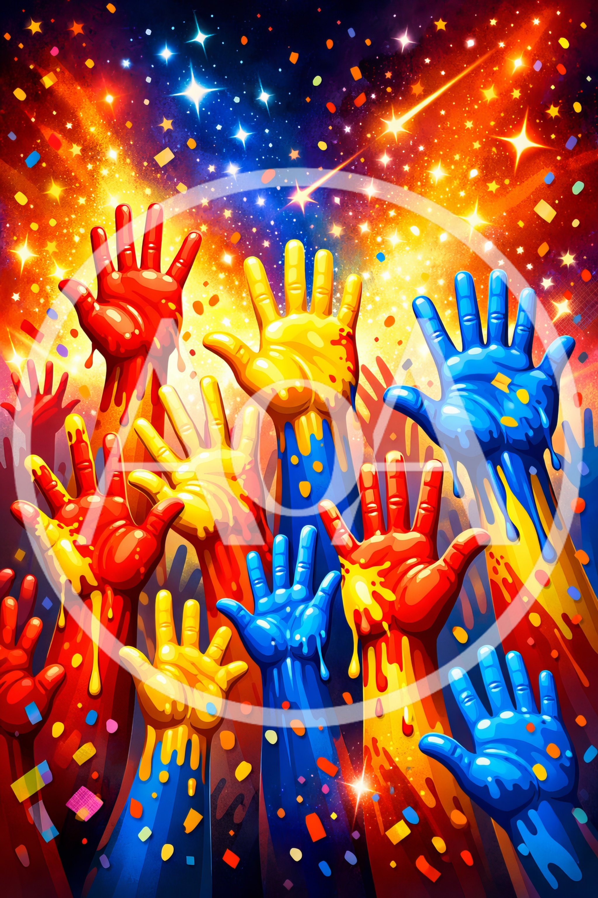 Colorful Painted Hands Reaching Upward In Celebration