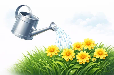 Metal Watering Can Pouring Water Over Yellow Flowers
