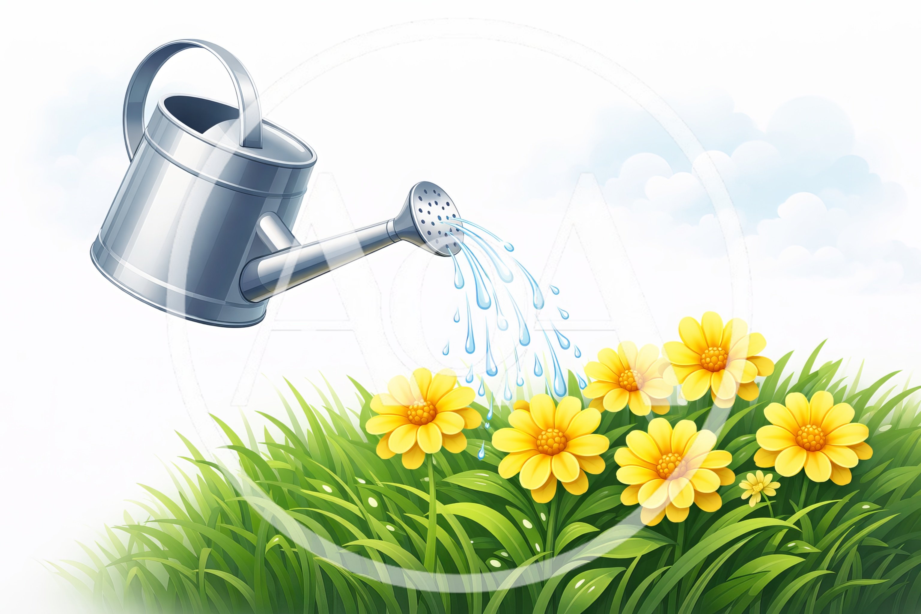 Metal Watering Can Pouring Water Over Yellow Flowers