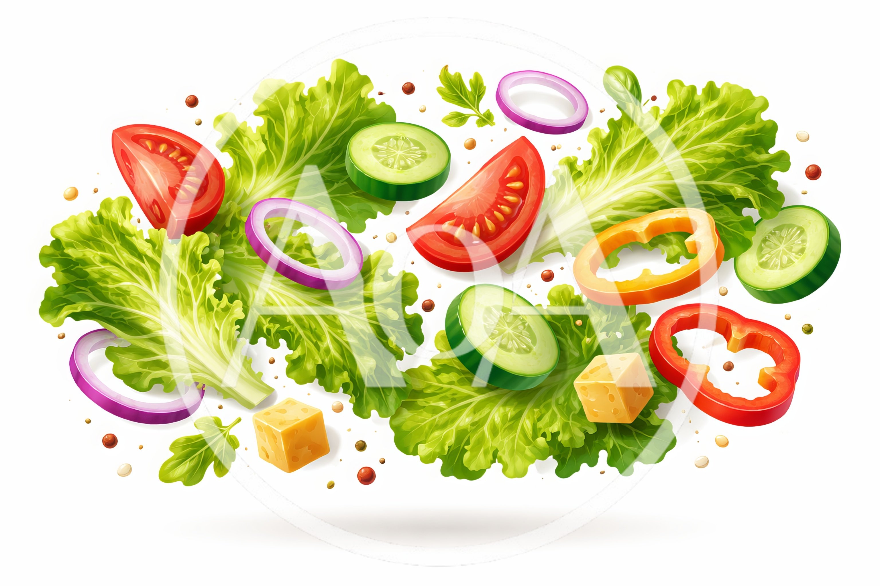 Fresh Salad Ingredients Floating In Mid Air