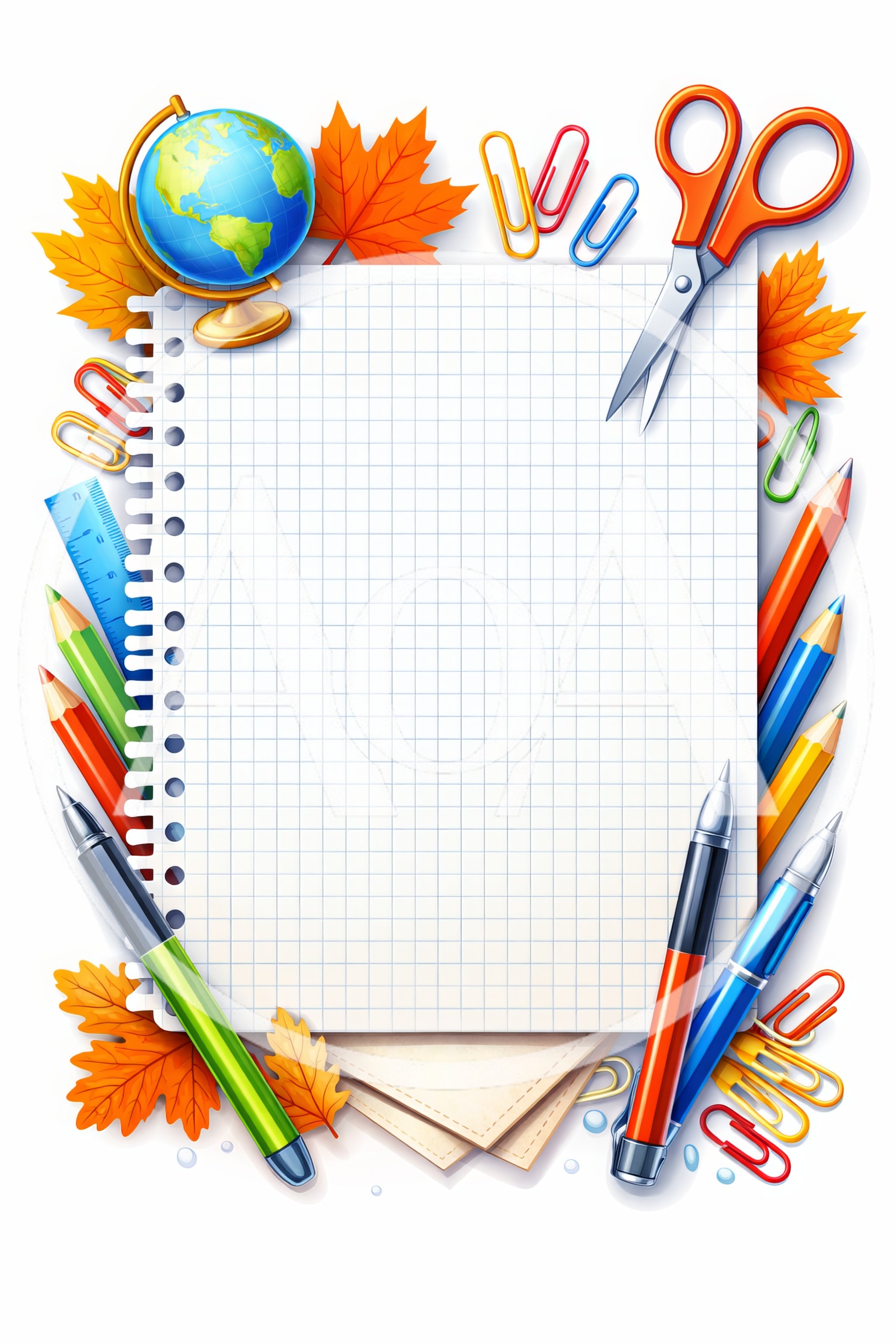 School Supplies Border With Notebook Paper