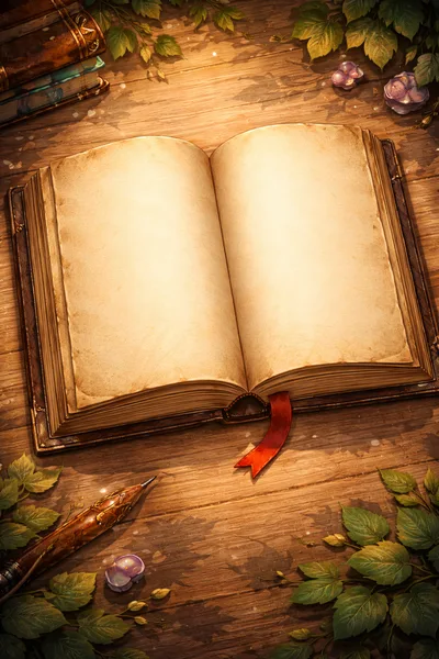 Open Antique Book With Quill On Wooden Table