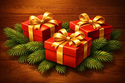 Three Red Christmas Gift Boxes With Gold Ribbons