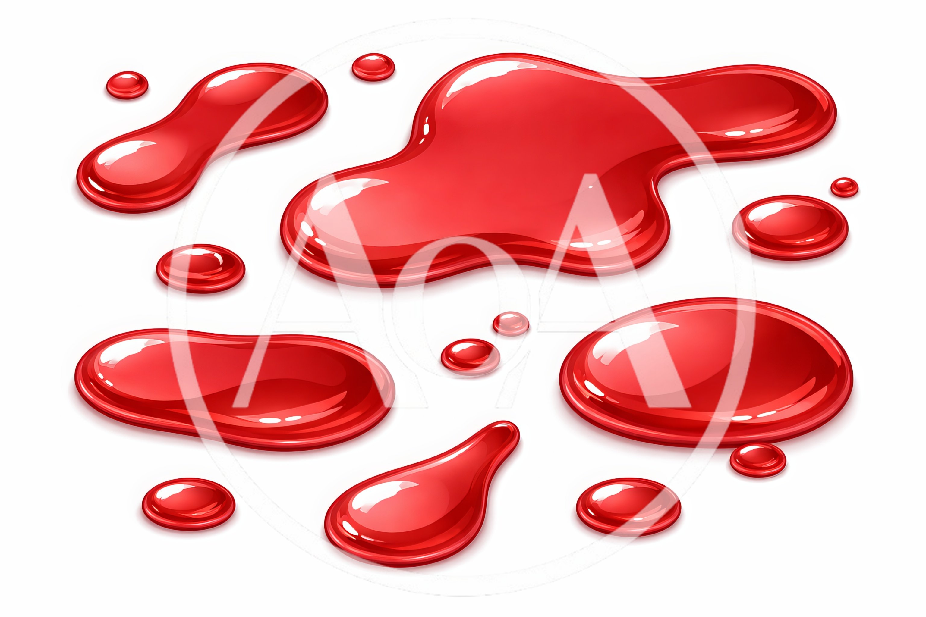 Red Liquid Splashes and Droplets on White Background