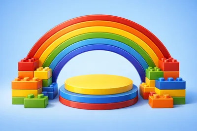 Colorful Toy Block Display Podium With Rainbow Arch