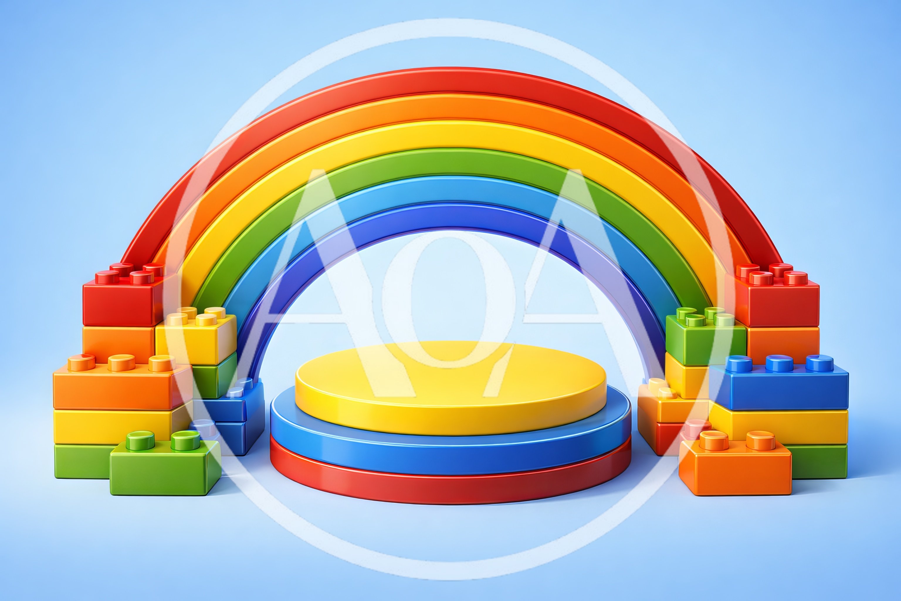 Colorful Toy Block Display Podium With Rainbow Arch