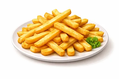 Golden Crispy French Fries Served On A White Plate