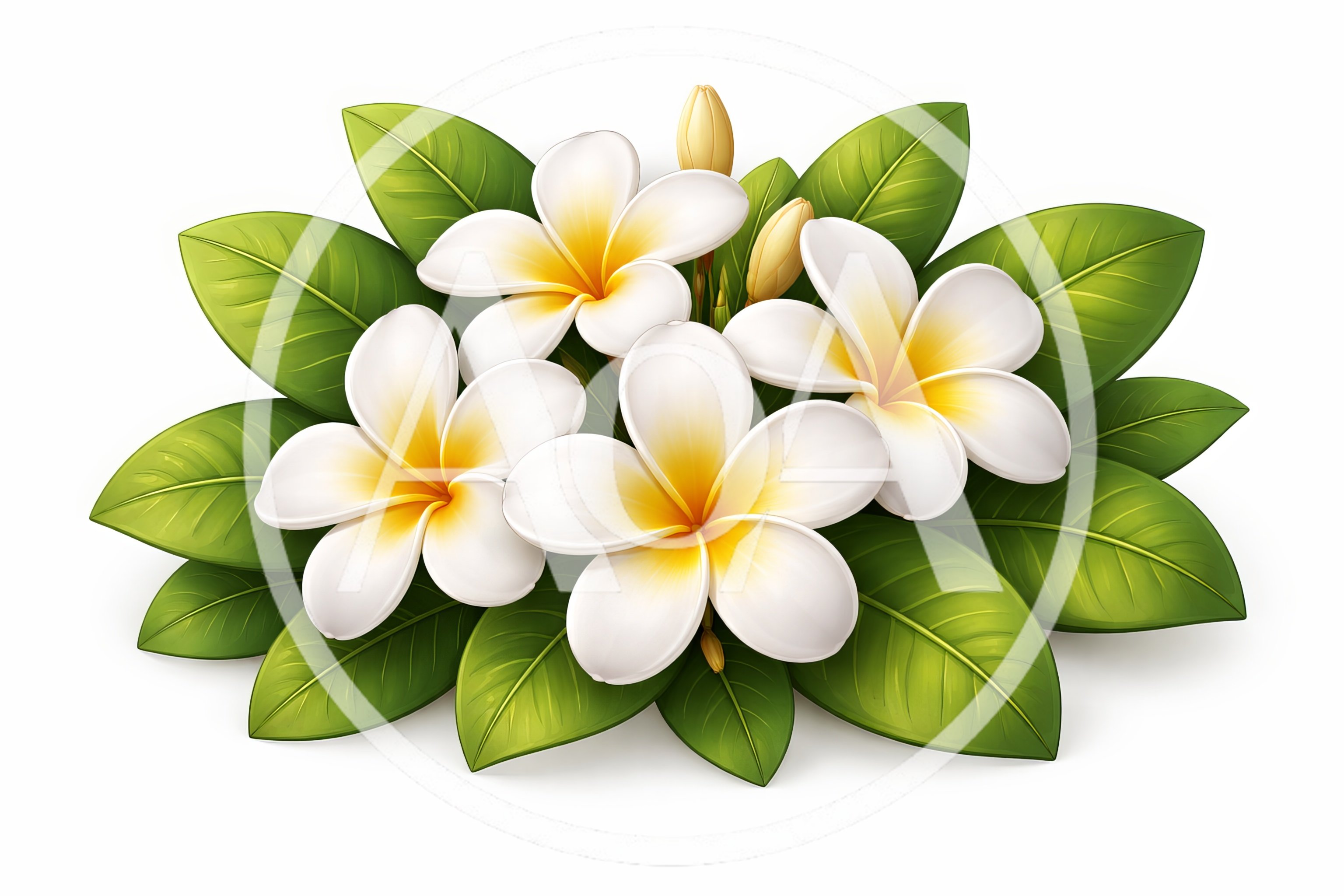 White Plumeria Flowers With Green Leaves