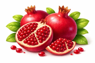 Fresh Whole And Sliced Pomegranates With Green Leaves