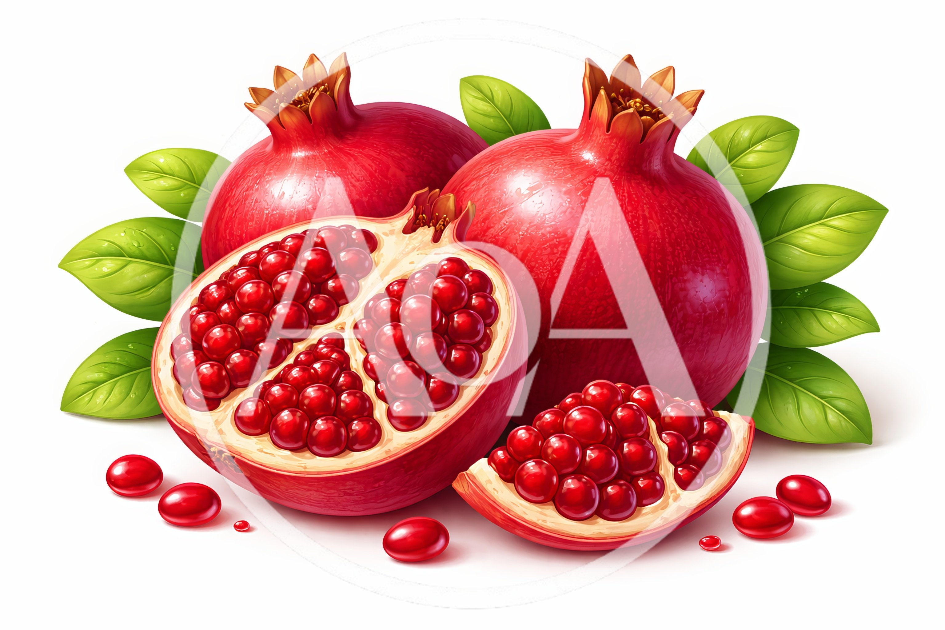 Fresh Whole And Sliced Pomegranates With Green Leaves