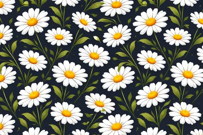Seamless Pattern Of White Daisy Flowers On Dark Background