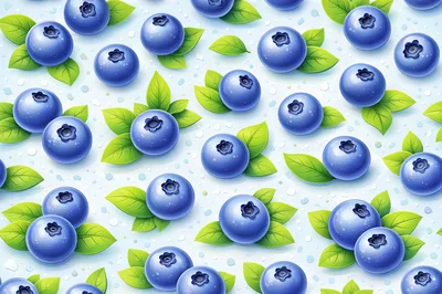 Fresh Ripe Blueberries With Green Leaves Pattern
