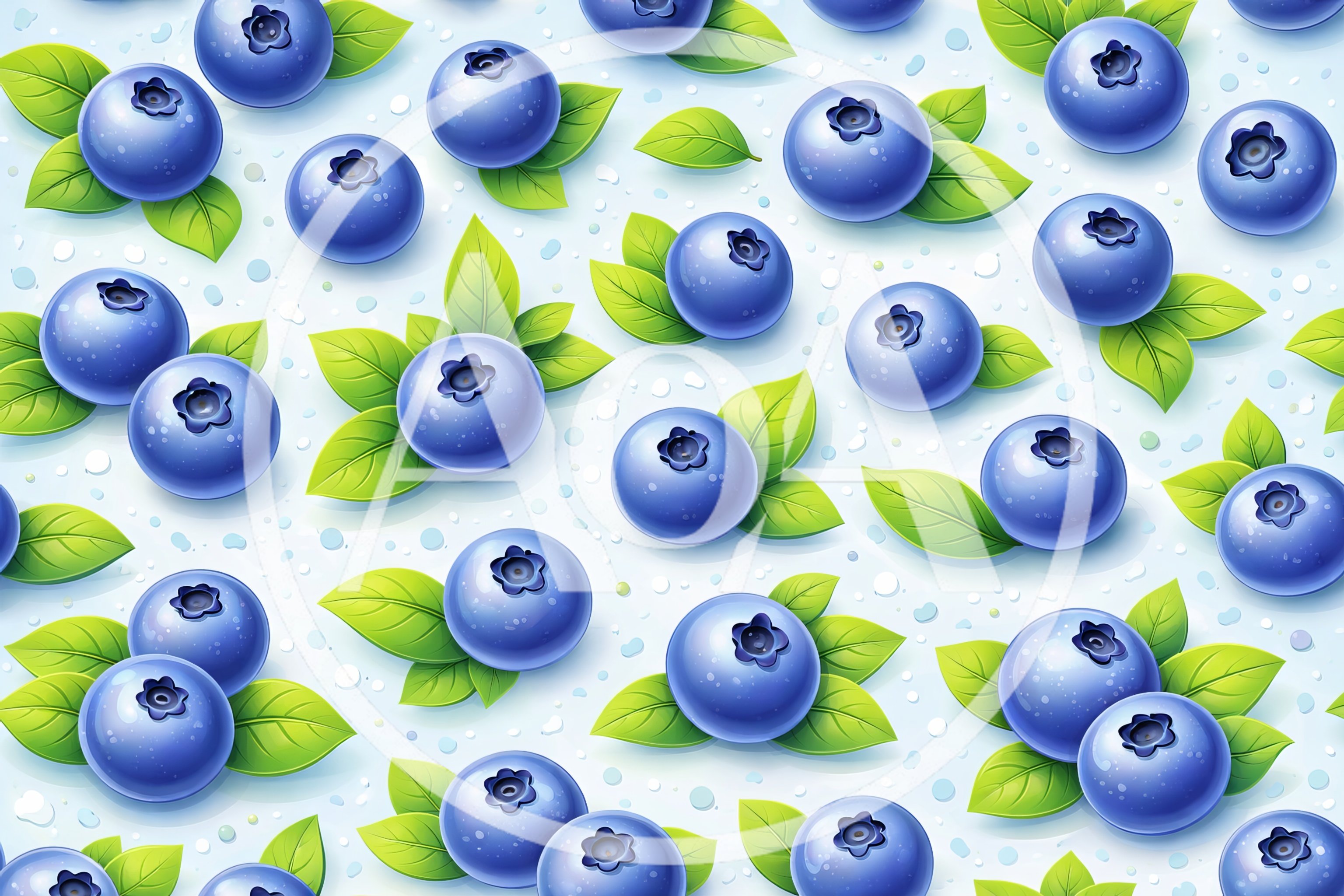 Fresh Ripe Blueberries With Green Leaves Pattern