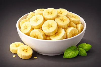 Fresh Banana Slices In A White Bowl