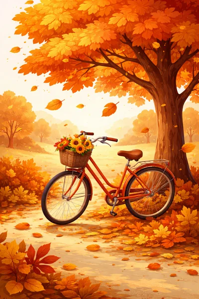 Orange Bicycle With Flower Basket Under Autumn Tree