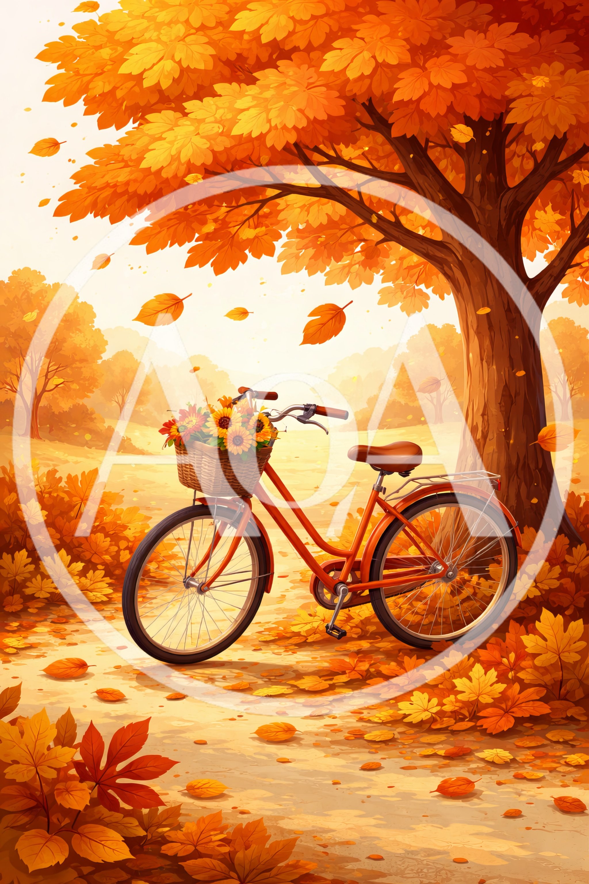Orange Bicycle With Flower Basket Under Autumn Tree