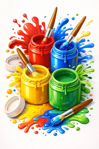 Colorful Paint Jars and Brushes with Artistic Splatters