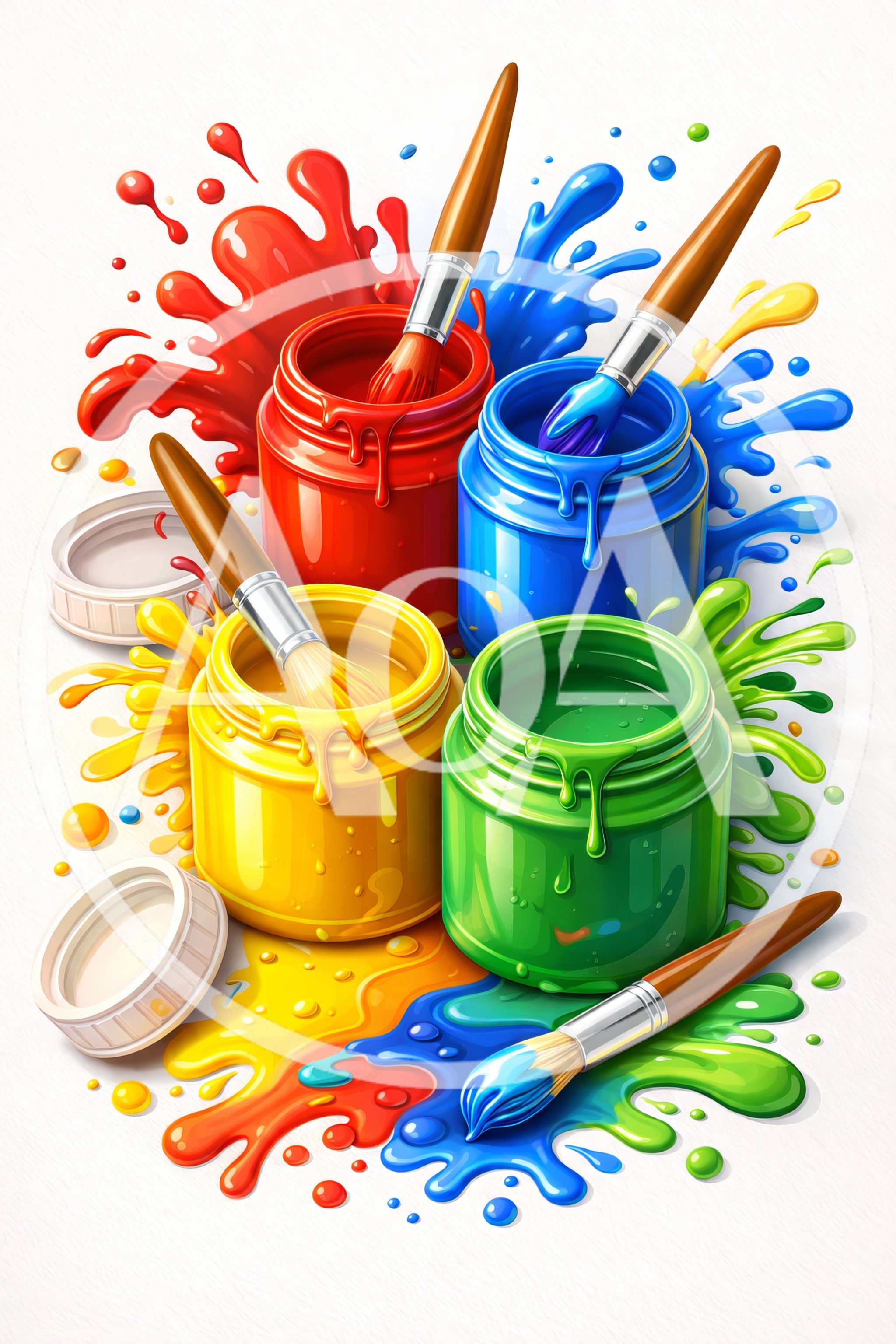 Colorful Paint Jars and Brushes with Artistic Splatters